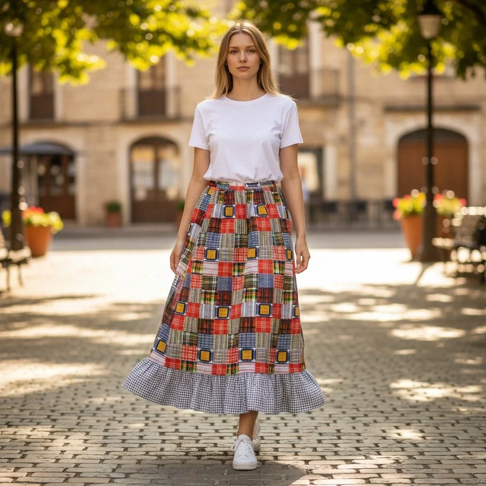 Vintage 70's Patchwork Plaid Ruffle Midi Skirt Boho Romantic Folk, High Waist - Picture 2 of 15